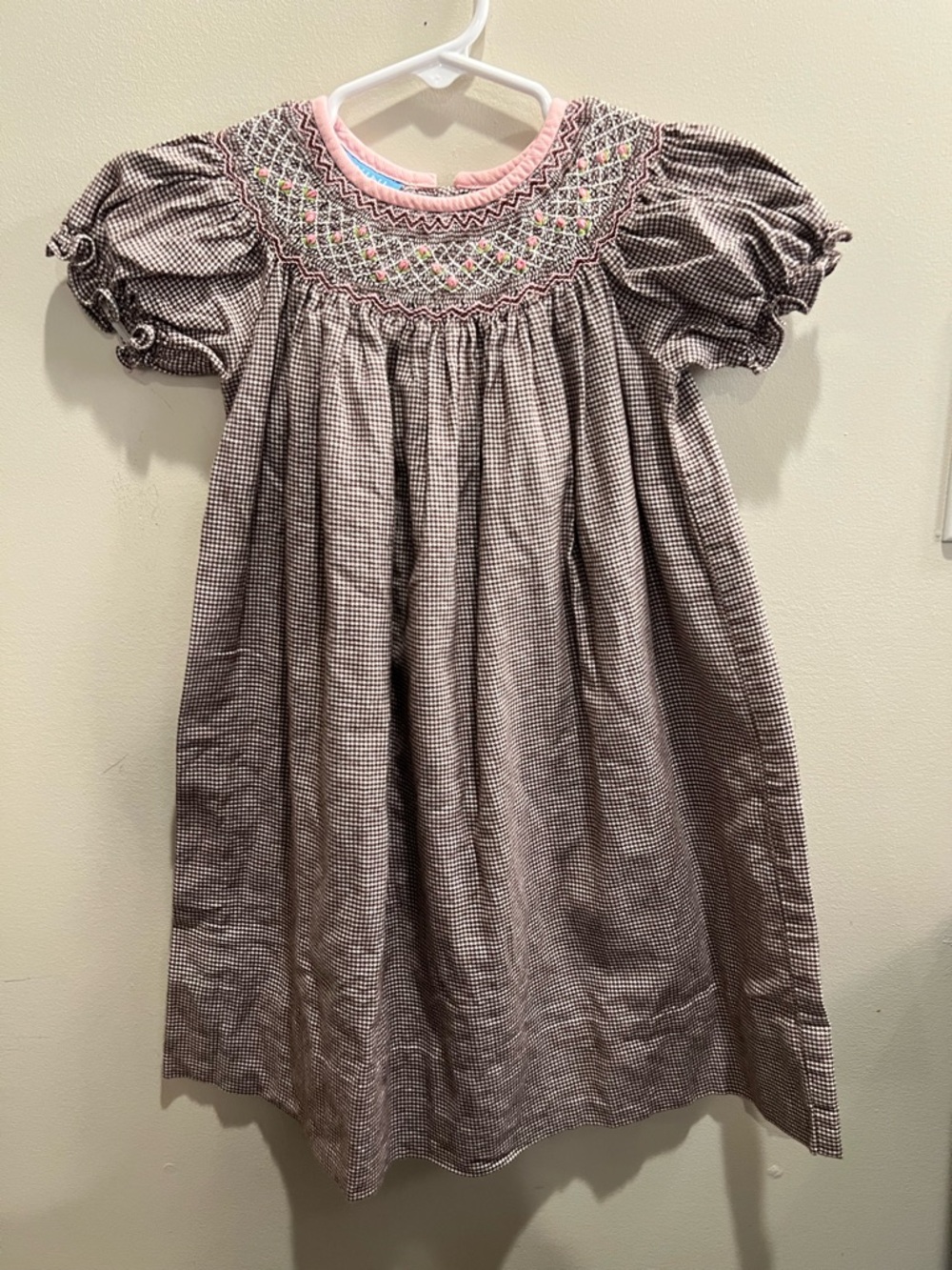 Anavini Hand Smocked Bishop Style Dress (Gingham with Floral Smocking) - Size 2